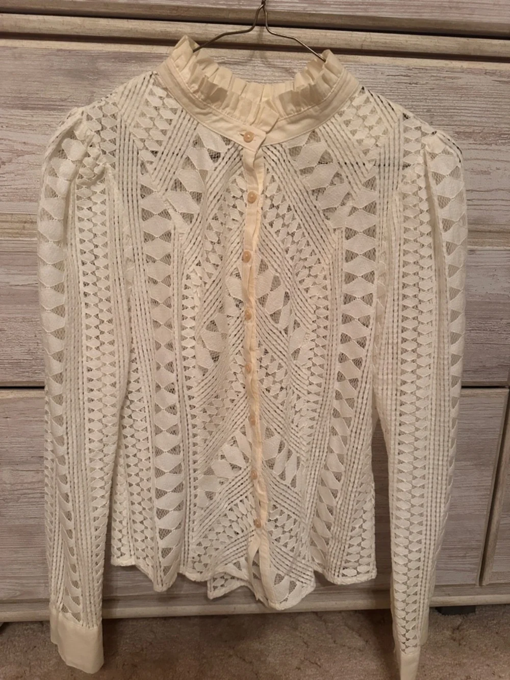 Anthropologie Cream Crochet Lace Ruffle-Neck Button Blouse